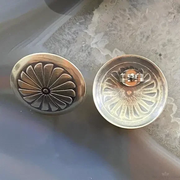 Native American Sterling Silver Round Stamped Concho Stud Earrings For Women #2 - Picture 8 of 10